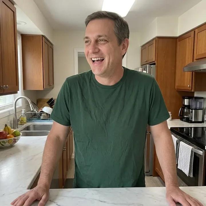 A smiling man in a green t-shirt standing in a bright kitchen